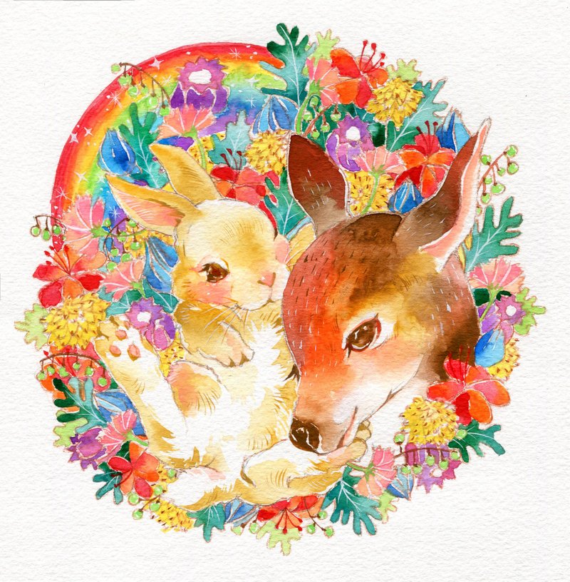 彩虹兔兔&小鹿款方形贺卡 - 卡片/明信片 - 纸 多色