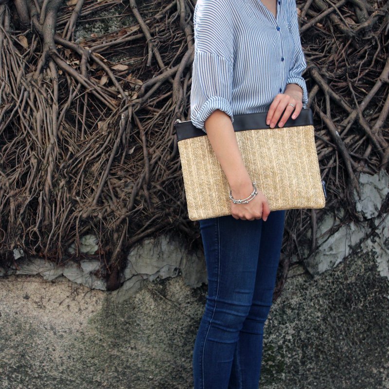 藤制皮革拉链包/手提包 Macbook (大) - 手提包/手提袋 - 真皮 卡其色