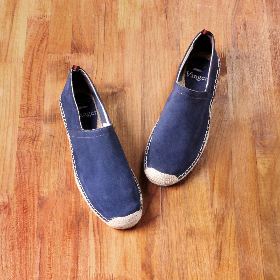 Vanger 优雅美型·简约Slip-On手工麻底草编鞋 Va199麂皮蓝 - 男款休闲鞋 - 真皮 蓝色