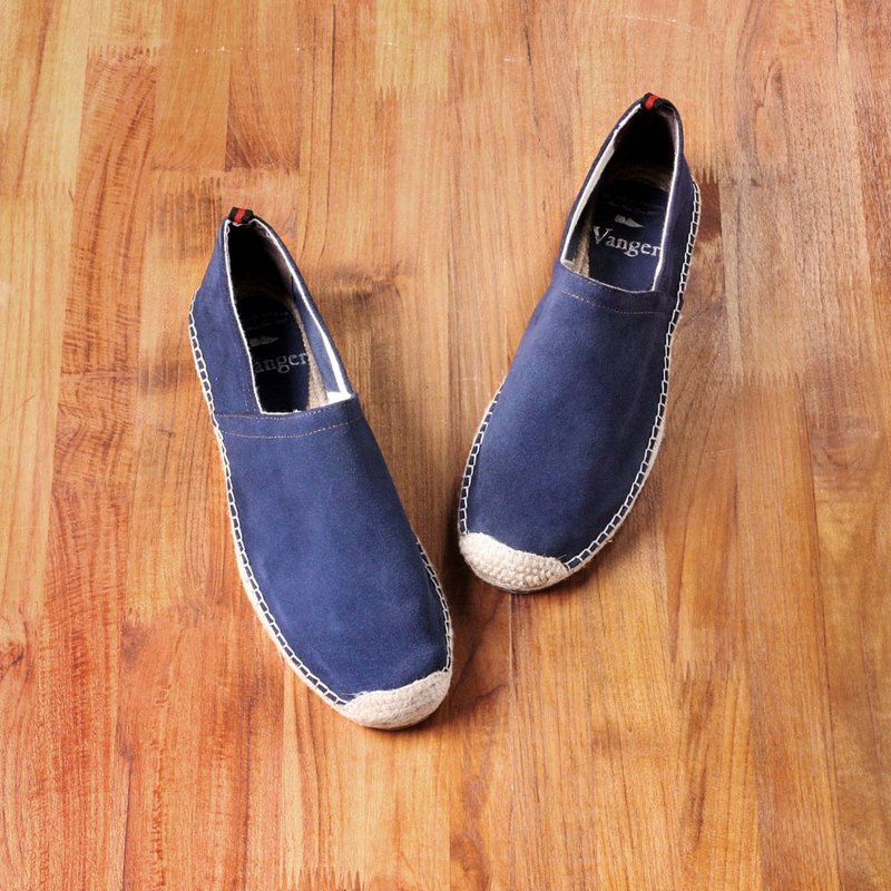 Vanger 优雅美型·简约Slip-On手工麻底草编鞋 Va199麂皮蓝 - 男款休闲鞋 - 真皮 蓝色