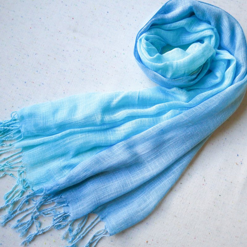 蓝海 纯棉流苏围巾/柔软不刺脖/职人手工渲染 - 围巾/披肩 - 棉．麻 蓝色