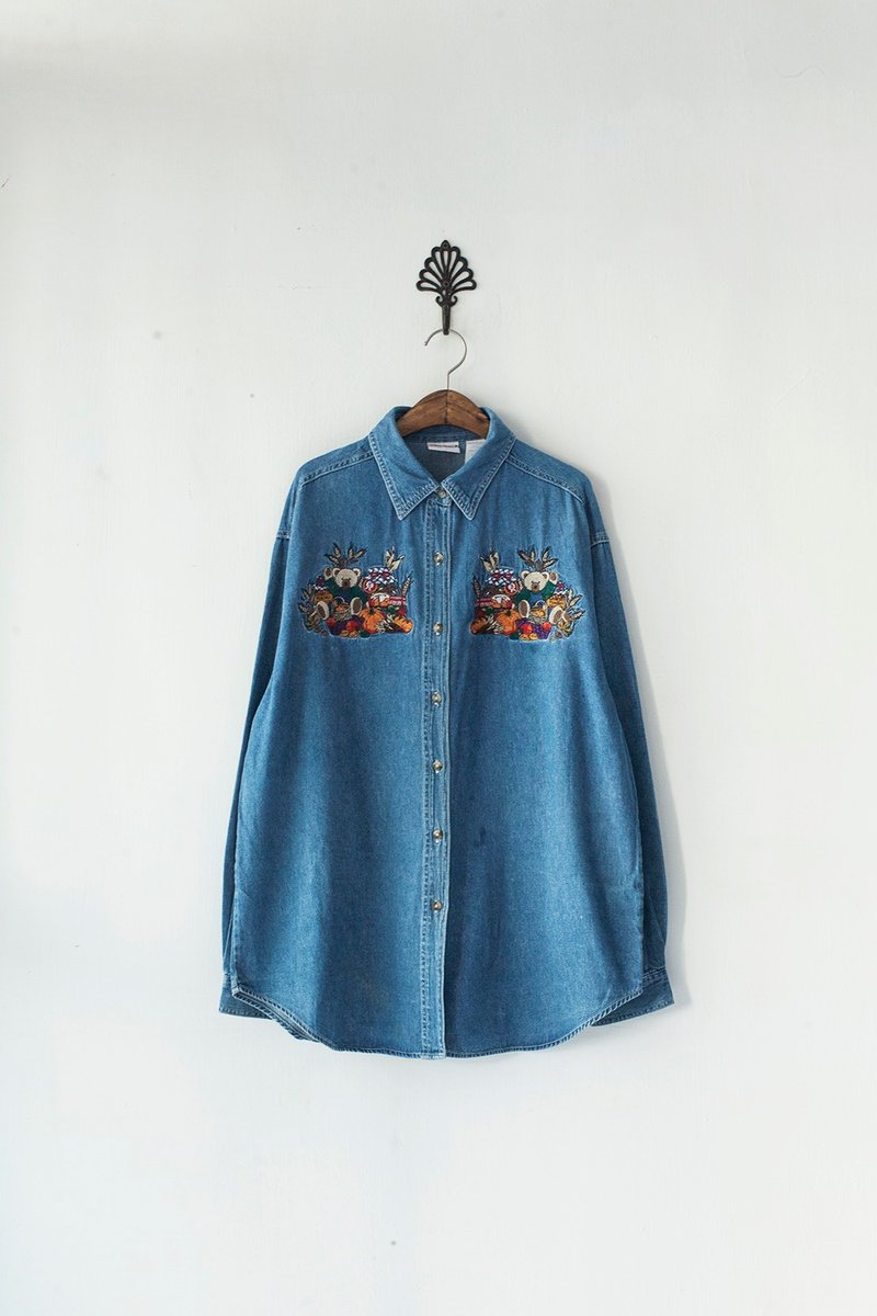 Banana Flyin’ ｜古着｜中性 刺绣 童趣 小熊 牛仔 单宁衬衫 - 女装衬衫 - 其他材质 