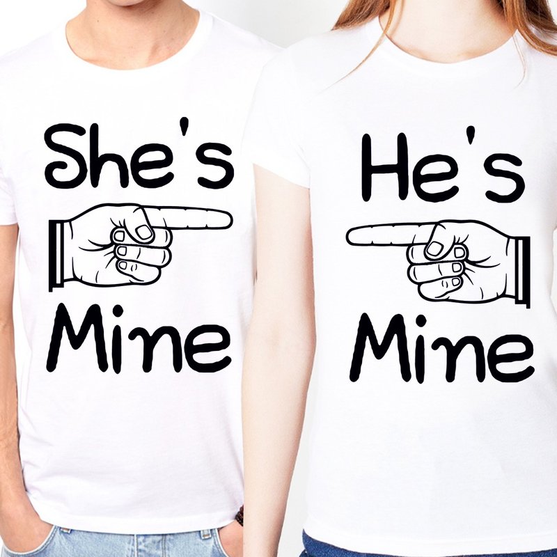 She's (He's) Mine短袖T恤 白色 她(他)是我的 情人交换礼物圣诞 - 女装上衣 - 棉．麻 白色