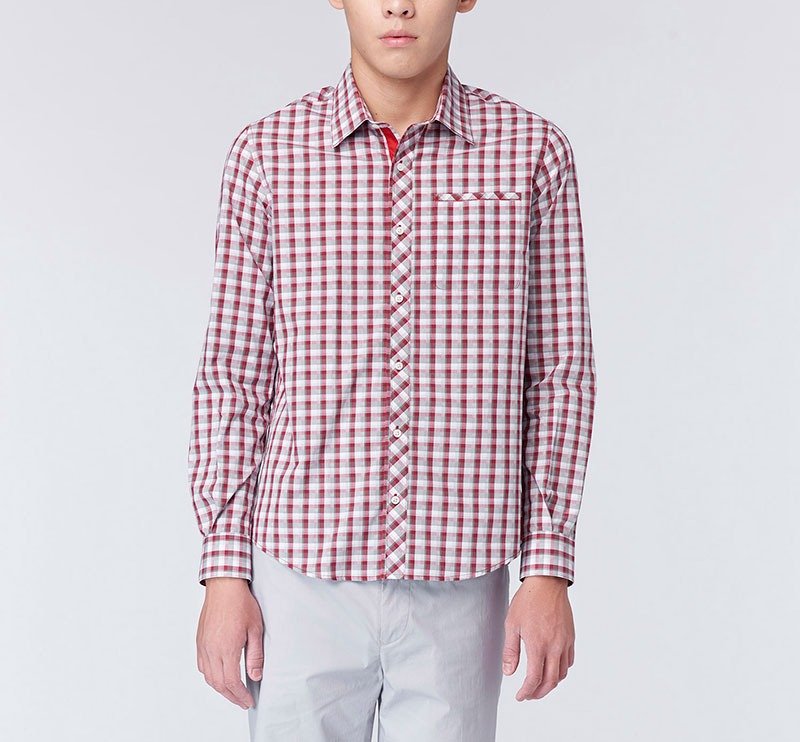 【高质感面料】男友礼物 渐层格长袖衬衫(红灰) - 男装衬衫 - 棉．麻 红色