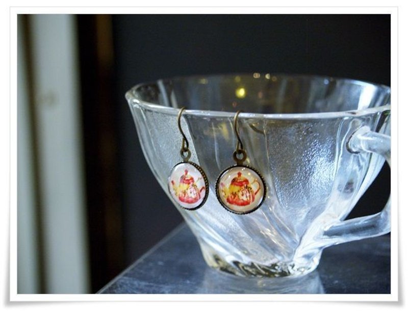 OldNew Lady-复古图案下午茶壶-垂坠耳勾/耳环 - 耳环/耳夹 - 玻璃 