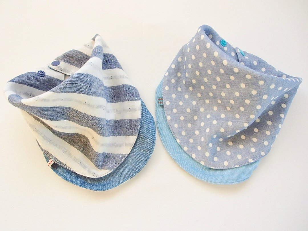 Baby Bib, Set of 2, Saliva Towel, Scarf Bib, Baby Bandana Bib, Blue Polka Dots - 围嘴/口水巾 - 棉 蓝色