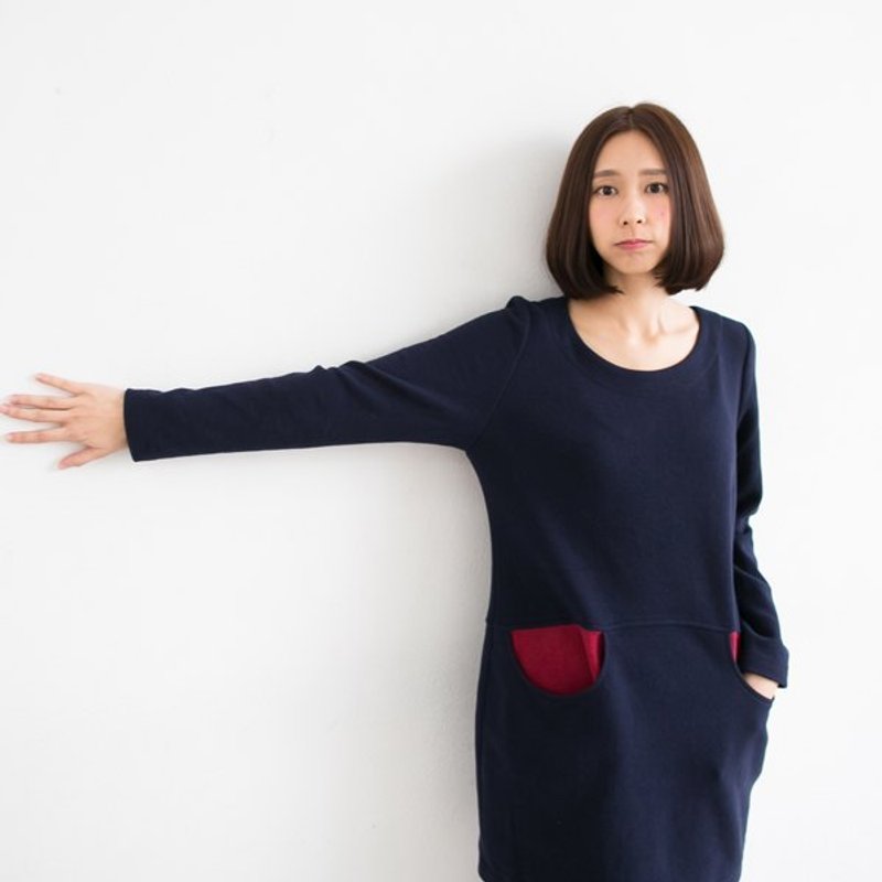 【暖暖优惠】森纷有机棉轻刷毛撞色口袋洋装-蓝 - 洋装/连衣裙 - 其他材质 蓝色