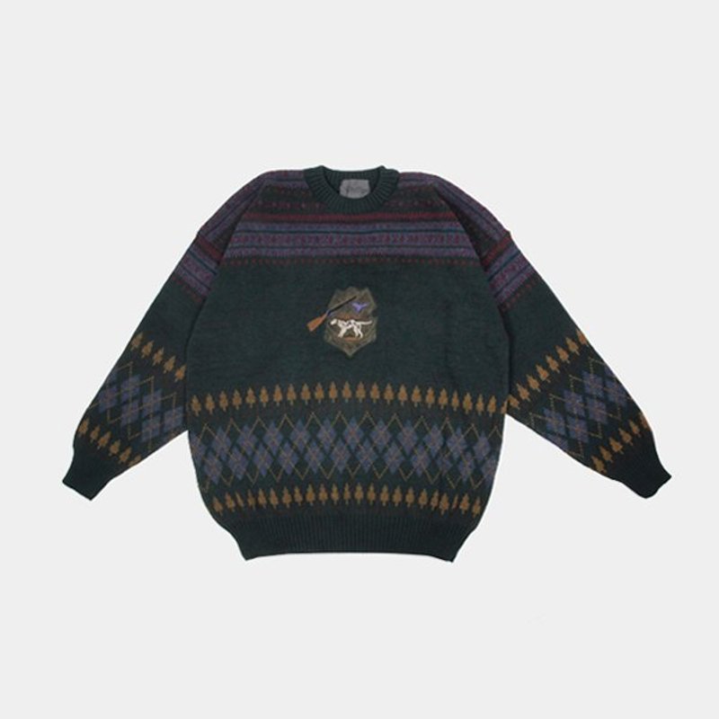 │moderato│英伦复古格菱纹猎枪麦町狗森林墨绿oversize古着针织毛衣/义大利制/森林女孩.伦敦男孩.文艺青年.复古.交换礼物 - 女装针织衫/毛衣 - 其他材质 绿色