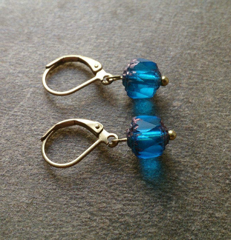 简约aqua捷克玻璃水晶耳环(中) - 耳环/耳夹 - 宝石 蓝色