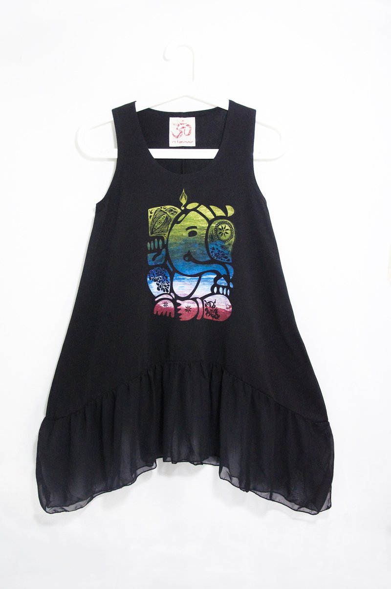 / 七夕情人节礼物 / 女装手感棉质拼接雪纺背心裙 - 印度大象/象神 Ganish ( 黑 ) - 洋装/连衣裙 - 其他材质 黑色