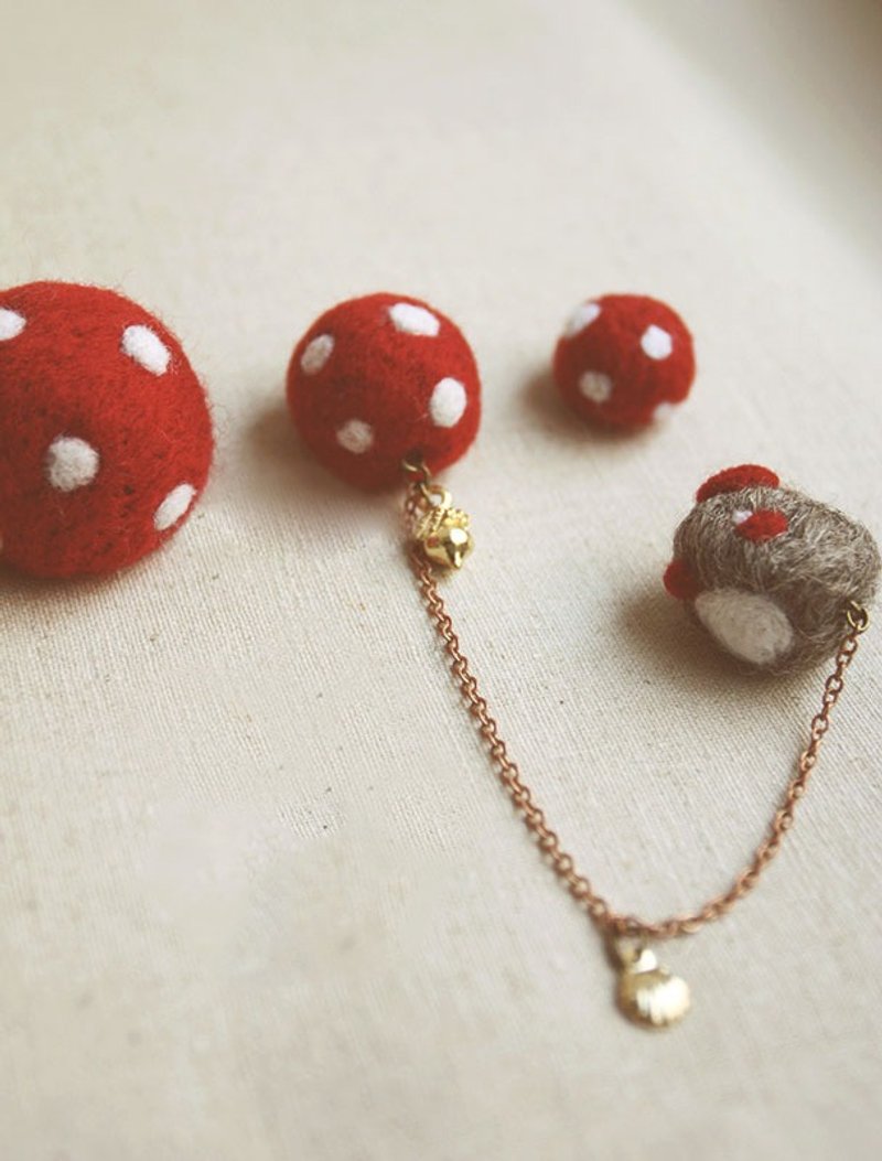 清新森林小鸟与红蘑菇羊毛毡胸花 - 胸针 - 羊毛 红色