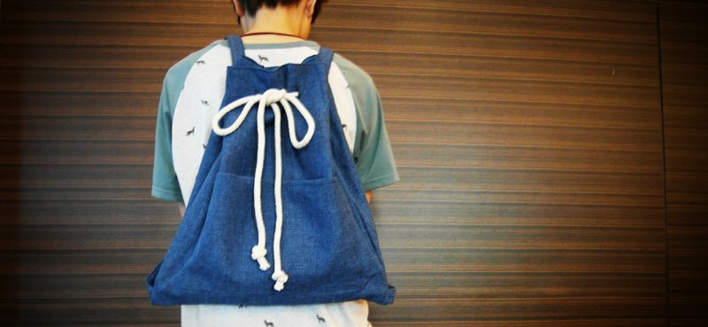 麻料后背包/束口包(蓝色) - 后背包/双肩包 - 其他材质 蓝色