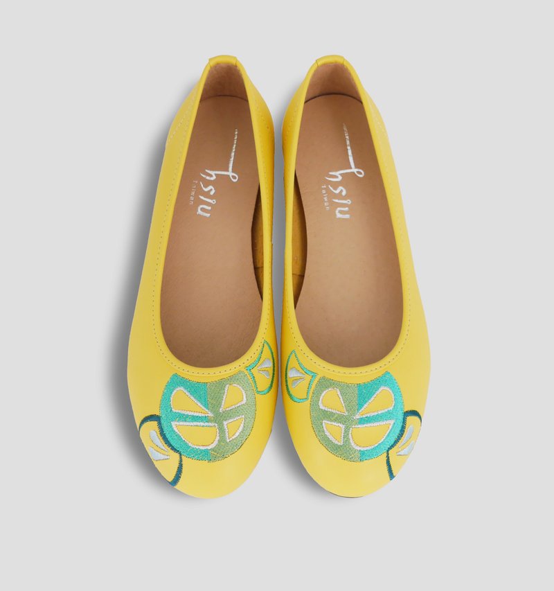 【夏日冰果室-柠檬爱玉冰】唯美娃娃手工女鞋(零码鞋) - 芭蕾鞋/娃娃鞋 - 真皮 黄色