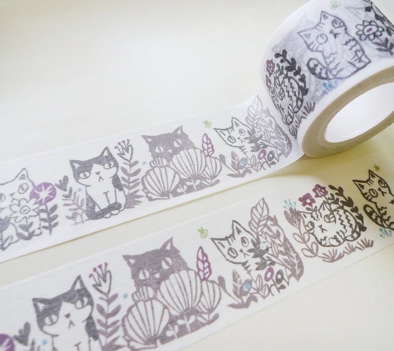 纸胶带-印章风花丛猫 - 纸胶带 - 纸 白色