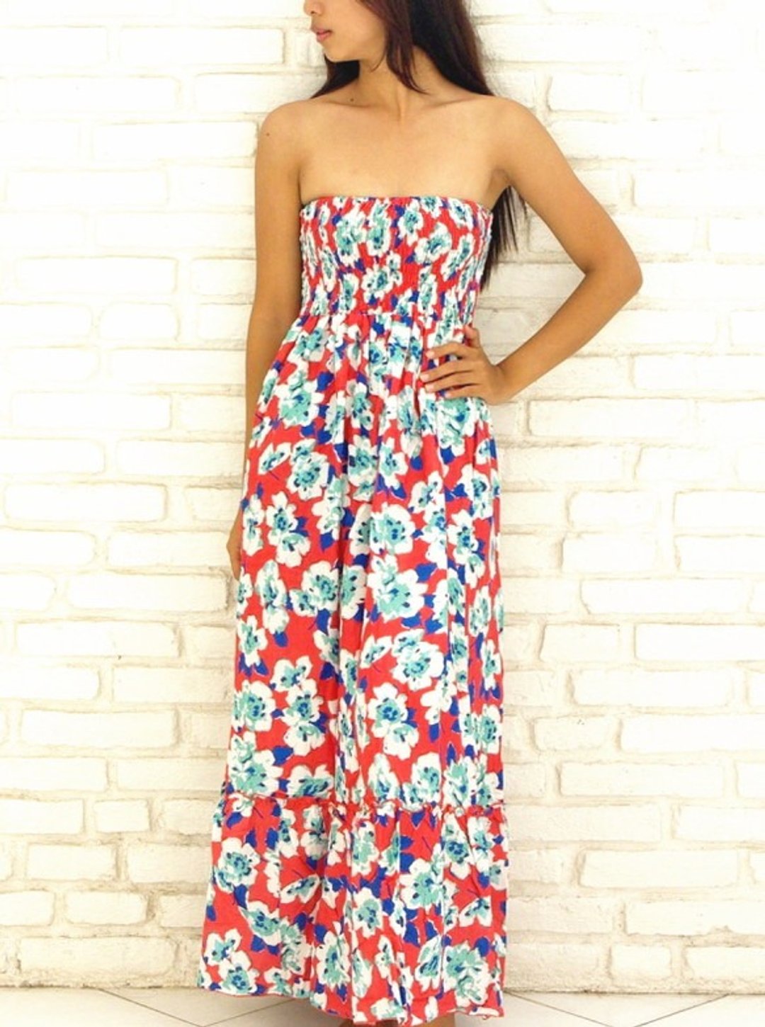 Strapless Ruffle Long Dress <Flower Orange> - 洋装/连衣裙 - 其他材质 红色