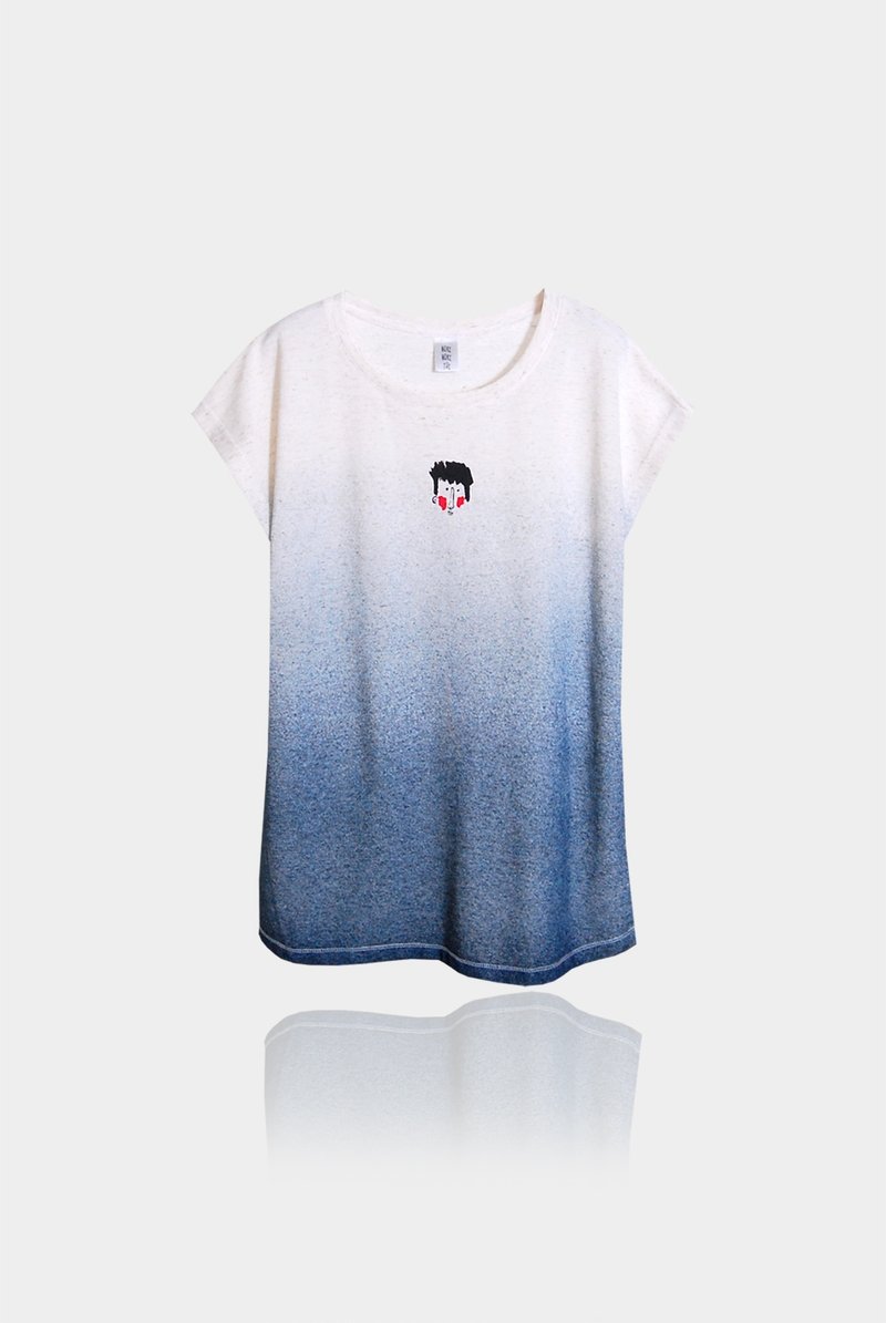 【限量手作】装无辜少来／渐层混织点点踢．last one - 女装 T 恤 - 棉．麻 蓝色