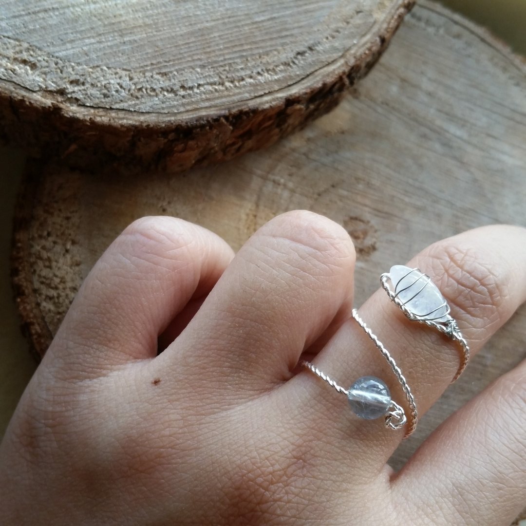 please provide ring size when order gold-plated Silver-plate chain Ring with  monstone and flourite 月光石/月亮石 , 淡蓝萤石 镀银戒指 (款2) - 戒指 - 宝石 蓝色