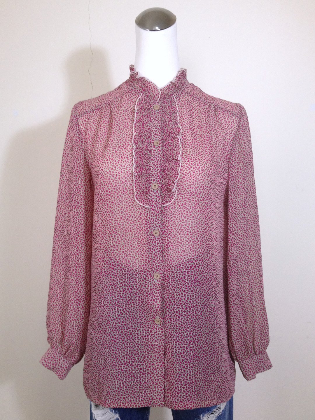 乒乓古着 [ 古着衬衫/ 荷叶边动物纹立领古着衬衫 ] 国外带回 复古 VINTAGE - 女装衬衫 - 其他材质 多色