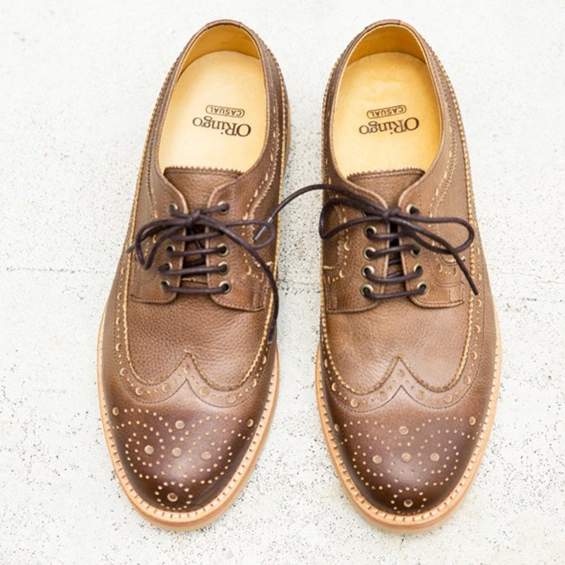 林果良品 长翼纹德比胶底休闲鞋 亚麻色 - 男款休闲鞋 - 真皮 卡其色