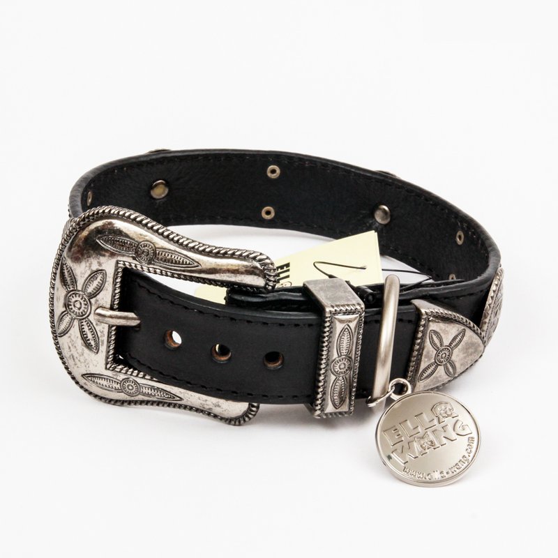 Ella Wang Design 金属雕花圆牌真皮项圈-黑 宠物项圈 - 项圈/牵绳 - 真皮 黑色