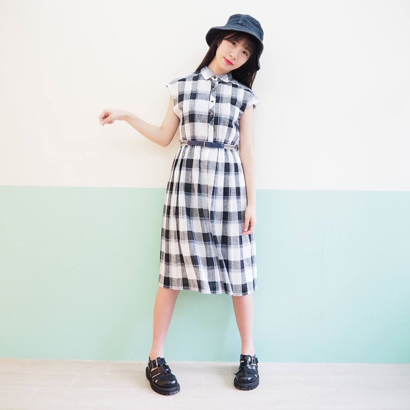 黑白格仔绵麻优雅恤衫长裙 - 洋装/连衣裙 - 其他材质 黑色