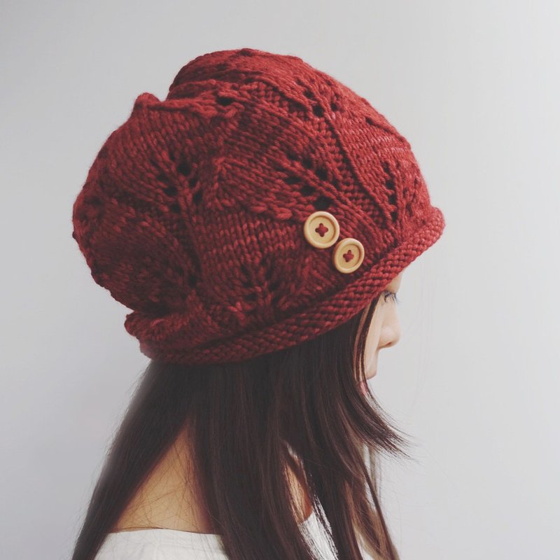 Slouchy-leaves慵懒宽松毛帽-成人尺寸/100%美丽诺羊毛/手工编织 - 帽子 - 羊毛 卡其色