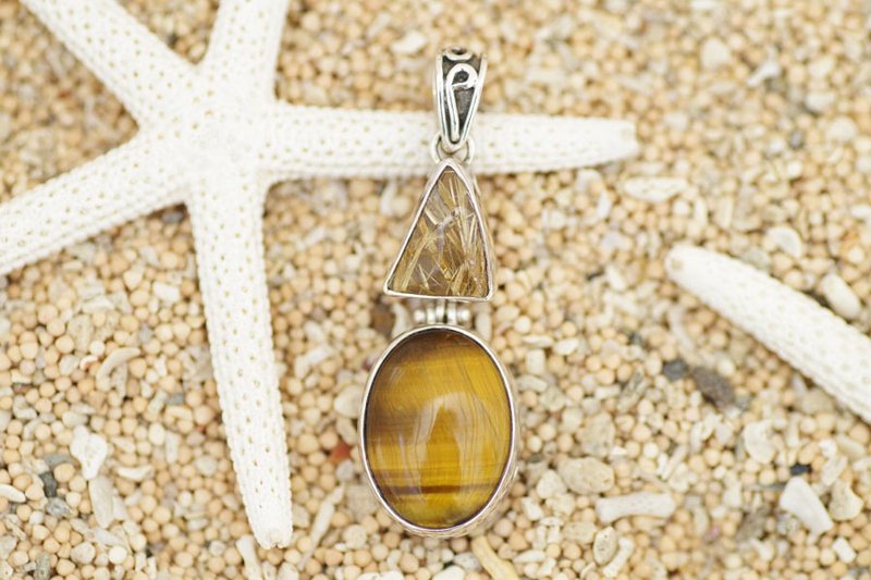Rutile quartz and tiger eye pendant top - 项链 - 宝石 金色