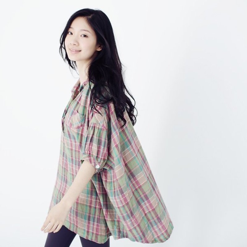 男朋友 剪裁自然棉麻格纹衬衫 - 其他 - 其他材质 粉红色