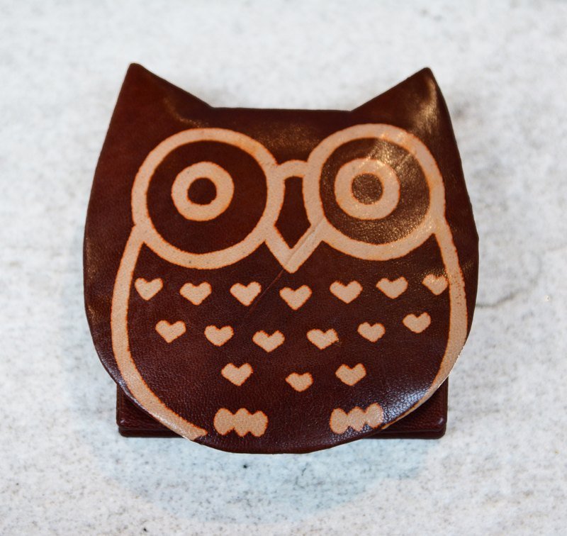 山羊皮零钱包＿猫头鹰 - 零钱包 - 真皮 咖啡色