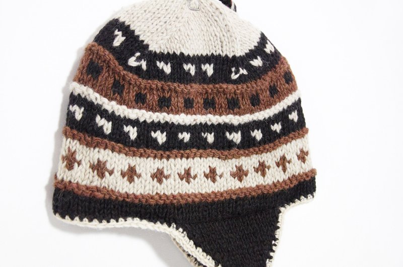 情人节礼物 手工编织纯羊毛帽 / 手工内刷毛毛帽 / 针织毛帽 / 飞行毛帽 / 毛线帽 - 焦糖拿铁色东欧民族图腾 ( 手工限量一件 ) - 帽子 - 其他材质 咖啡色