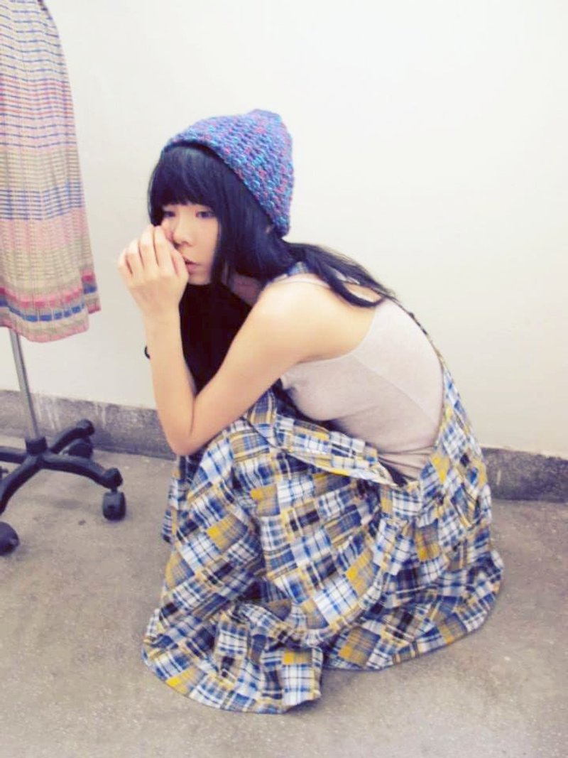 Lan 毛线帽子(灰蓝底紫蓝花纱) - 帽子 - 其他材质 蓝色