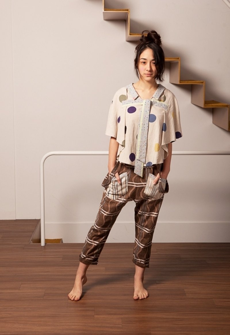 moi non plus 拼接吊带九分裤 - *纯麻咖啡格纹面料款* - 女装长裤 - 其他材质 咖啡色