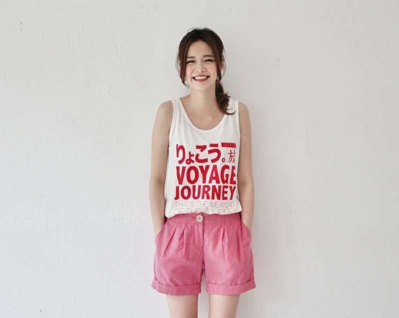 SUMI△旅行语言▽长版旅行背心_3SF033_红/白 - 女装背心 - 棉．麻 白色