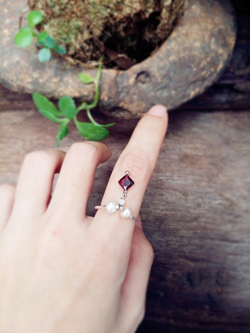 戒指。红石榴石坠*珍珠*925纯银管戒 - 戒指 - 其他金属 