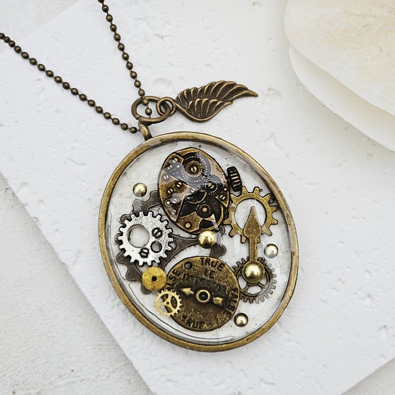 蒸气庞克 - 清透宝石 x 时钟 x 齿轮 x 蒸汽庞克 手工创作 长项链 - 项链 - 其他材质 咖啡色