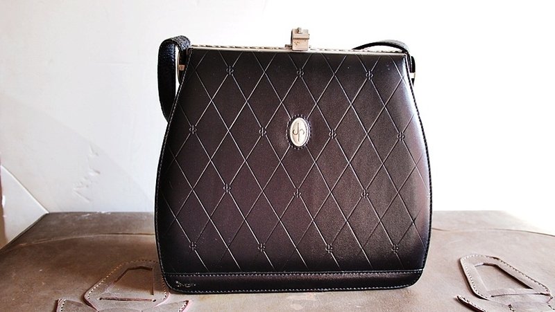 Vintage-老式复古菱形压纹黑色手提包(可肩背/斜背两用) - 手提包/手提袋 - 真皮 黑色