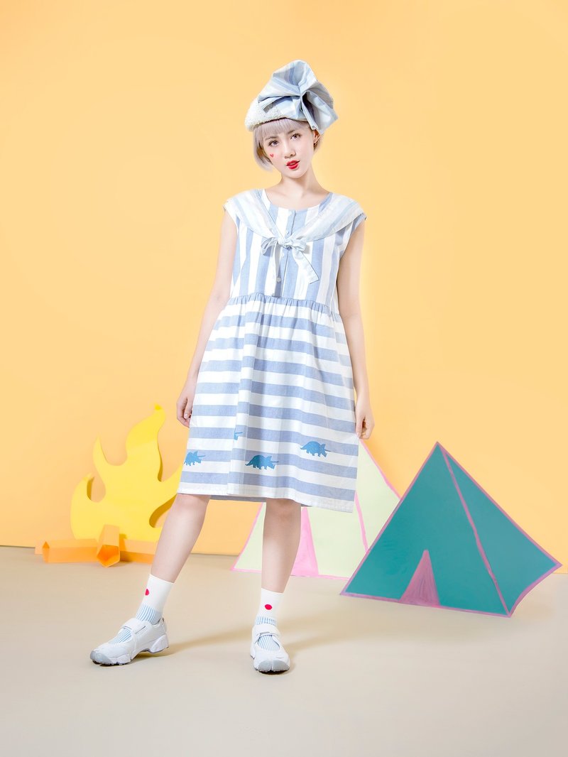 蓝白大条纹恐龙领结洋装 - 洋装/连衣裙 - 其他材质 蓝色