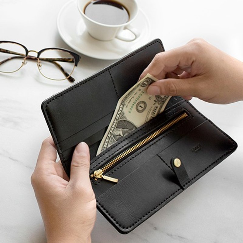 【定制化礼物】真皮手做Diy套组-长夹/黑色(免费定制刻字) - 皮件 - 真皮 