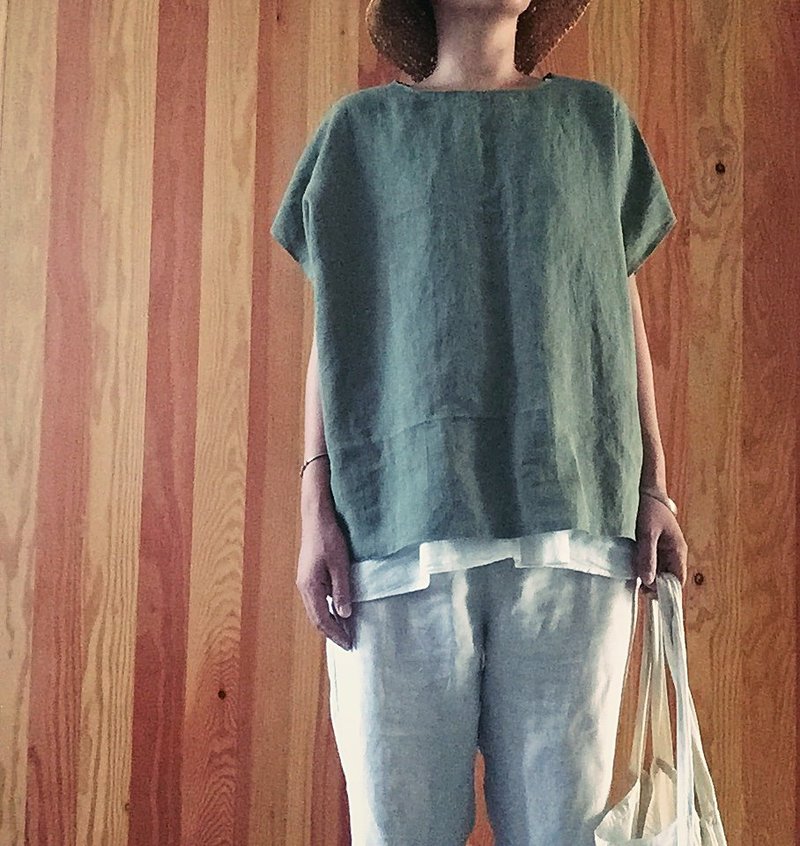 最后一件！！蝉来了 天然手作服 纯麻苎麻 墨绿色天然材质宽版上衣罩衫 - 女装上衣 - 其他材质 绿色