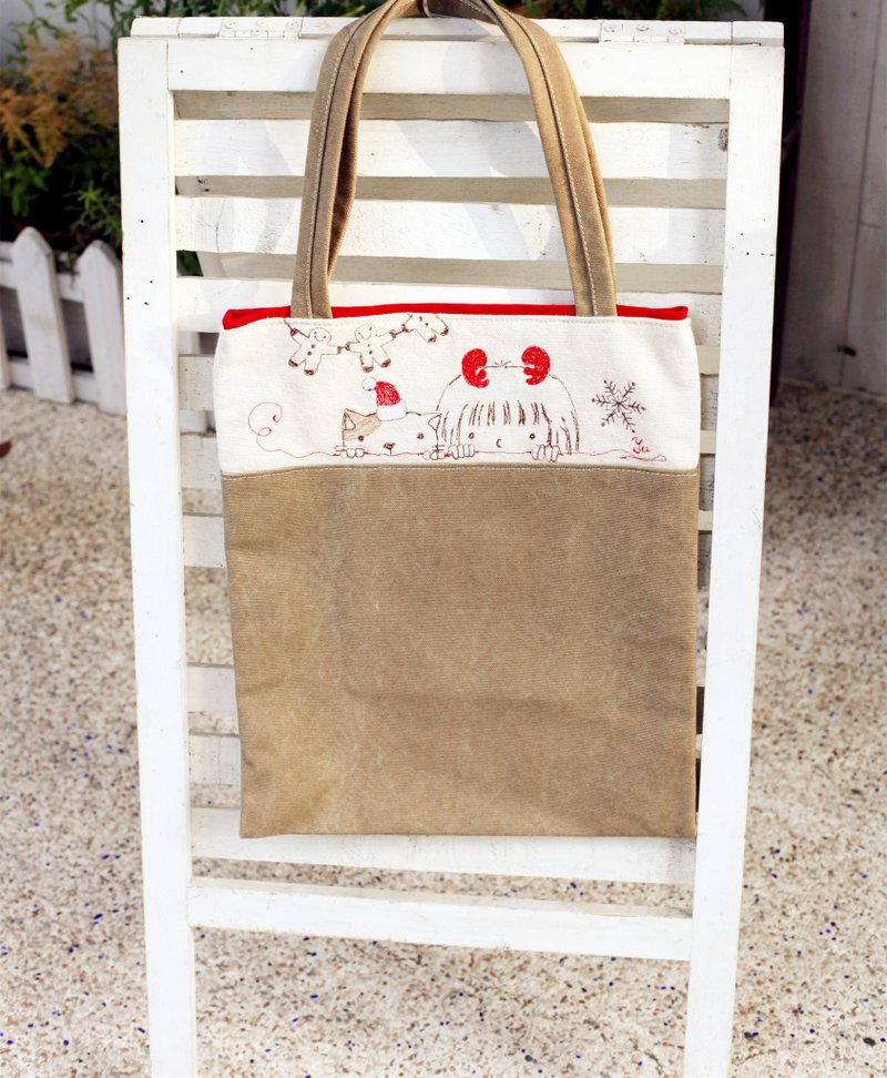 【好日手作】圣诞女孩与猫肩背车绣书包 - 侧背包/斜挎包 - 其他材质 咖啡色