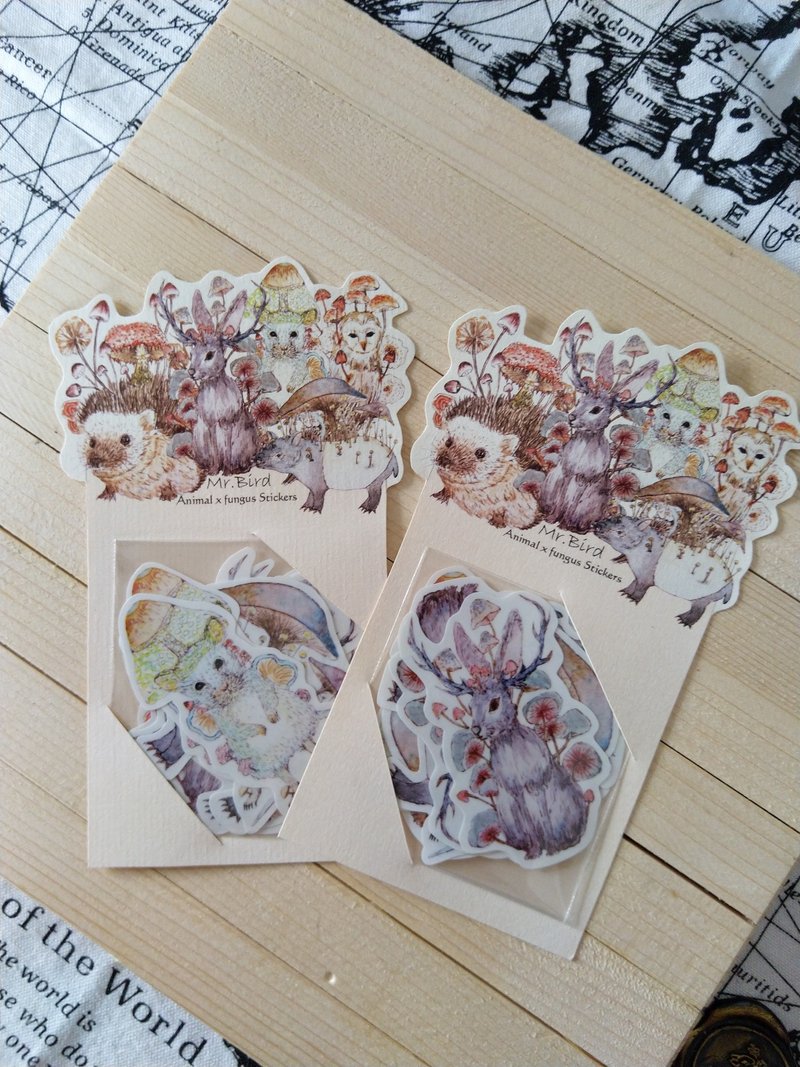 刺猬 猫头鹰 杰克神兔 兔子 老鼠 马来貘 动物x蘑菇贴纸 - 贴纸 - 纸 咖啡色