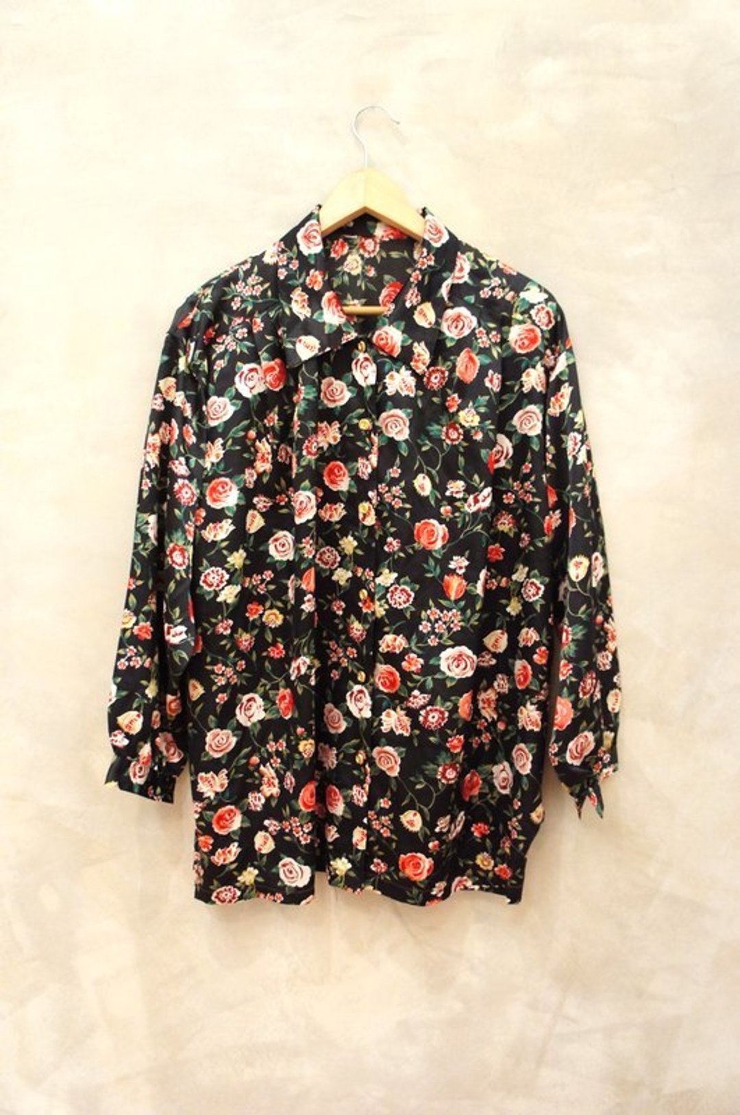 仿缎亮质 彩色花朵 长衬衫 Bea:Mon 古着 - 女装衬衫 - 其他材质 黑色