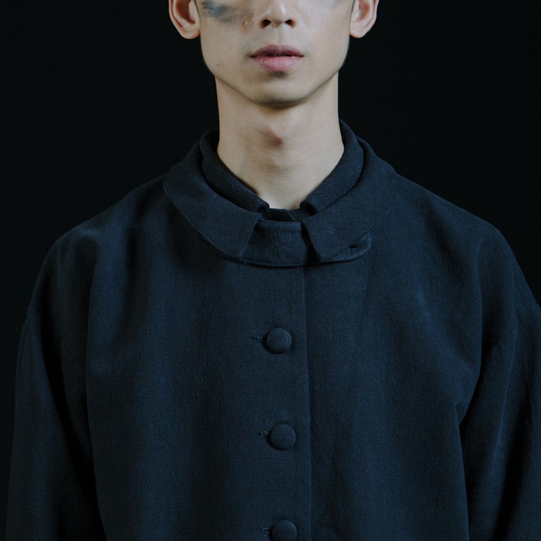 棉麻小尖领工人大衣 - 男装外套 - 棉 黑色