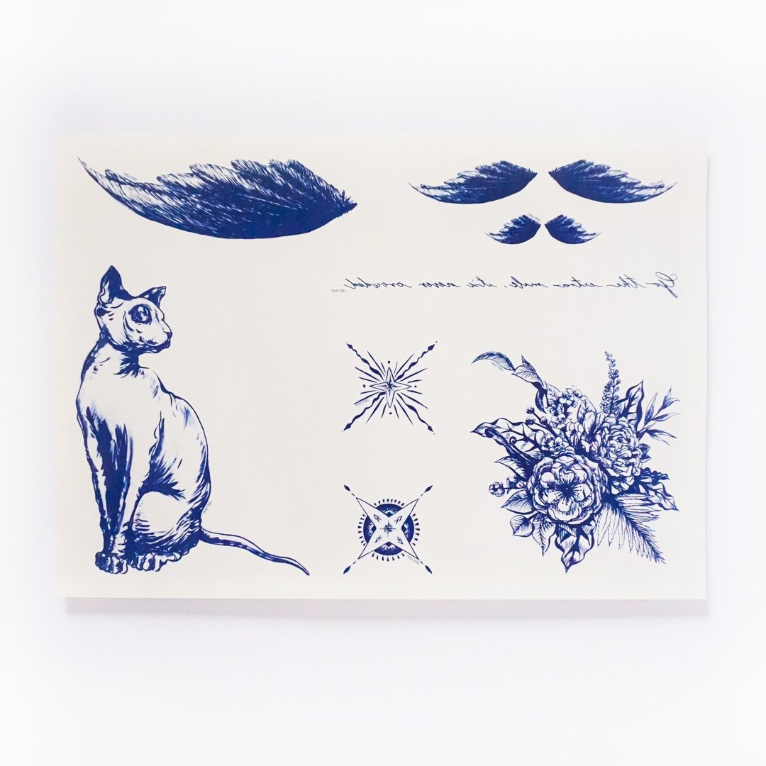 手绘羽毛剌青纹身贴纸 星星 花猫 英文书法 塔罗 唯美 像真度高 防敏｜LAZY DUO - 纹身贴 - 纸 蓝色