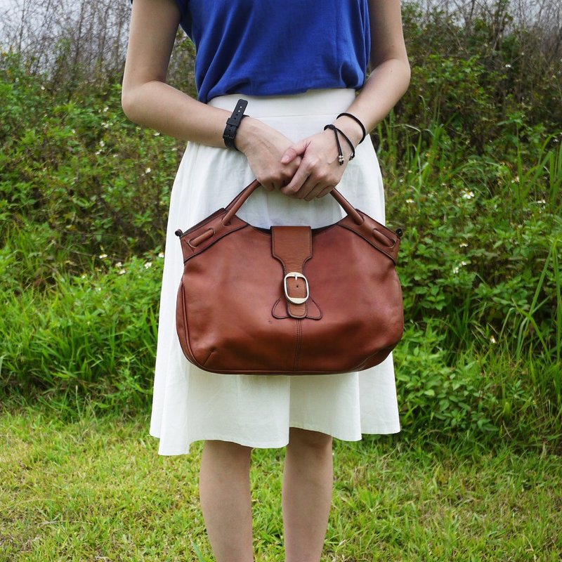 ShiKa夕卡//焦糖色牛皮手提包 - 侧背包/斜挎包 - 真皮 咖啡色