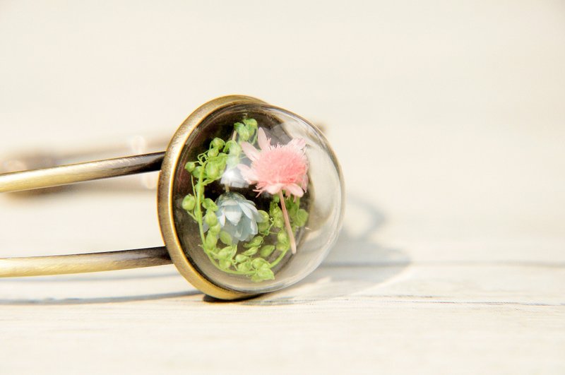 西洋情人节礼物  森林系 / 玻璃干燥花黄铜手环 - 蓝色粉红色花朵 - 手链/手环 - 玻璃 多色