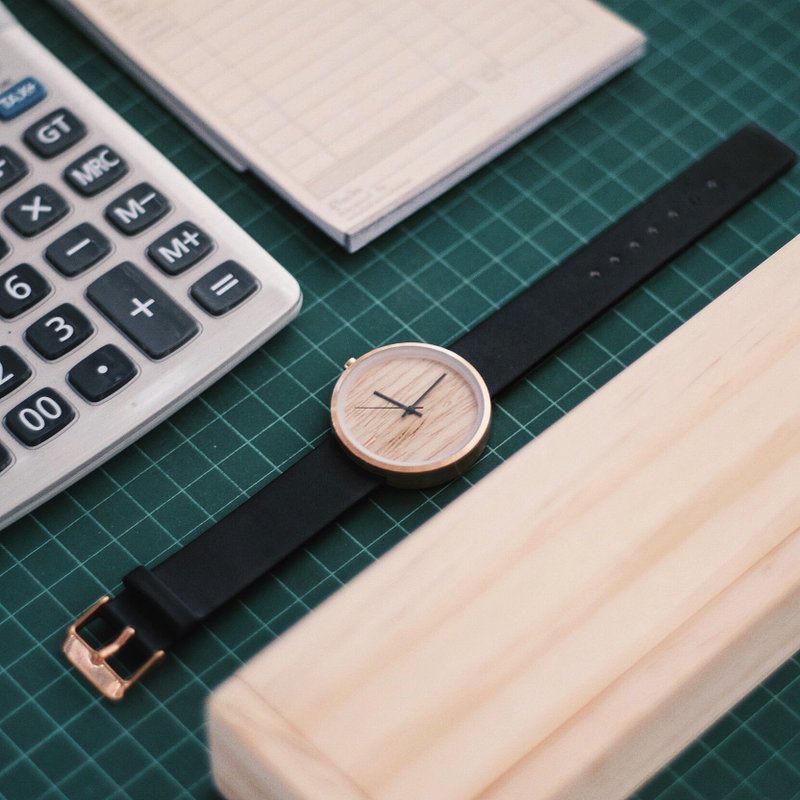 手工枫木手表 - 玫瑰金表壳/黑色皮革 - 女表 - 木头 黑色