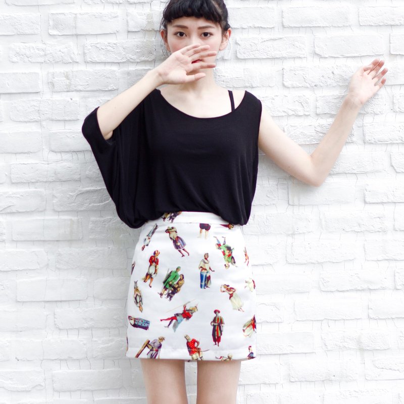 手作插画人物短裙(无弹性,请注意尺寸,图样随机) // 设计限量款 - 裙子 - 其他材质 白色