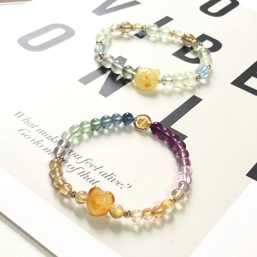 蜜蜡熊、黄水晶、金发晶、葡萄石 天然石手链 - 手链/手环 - 半宝石 