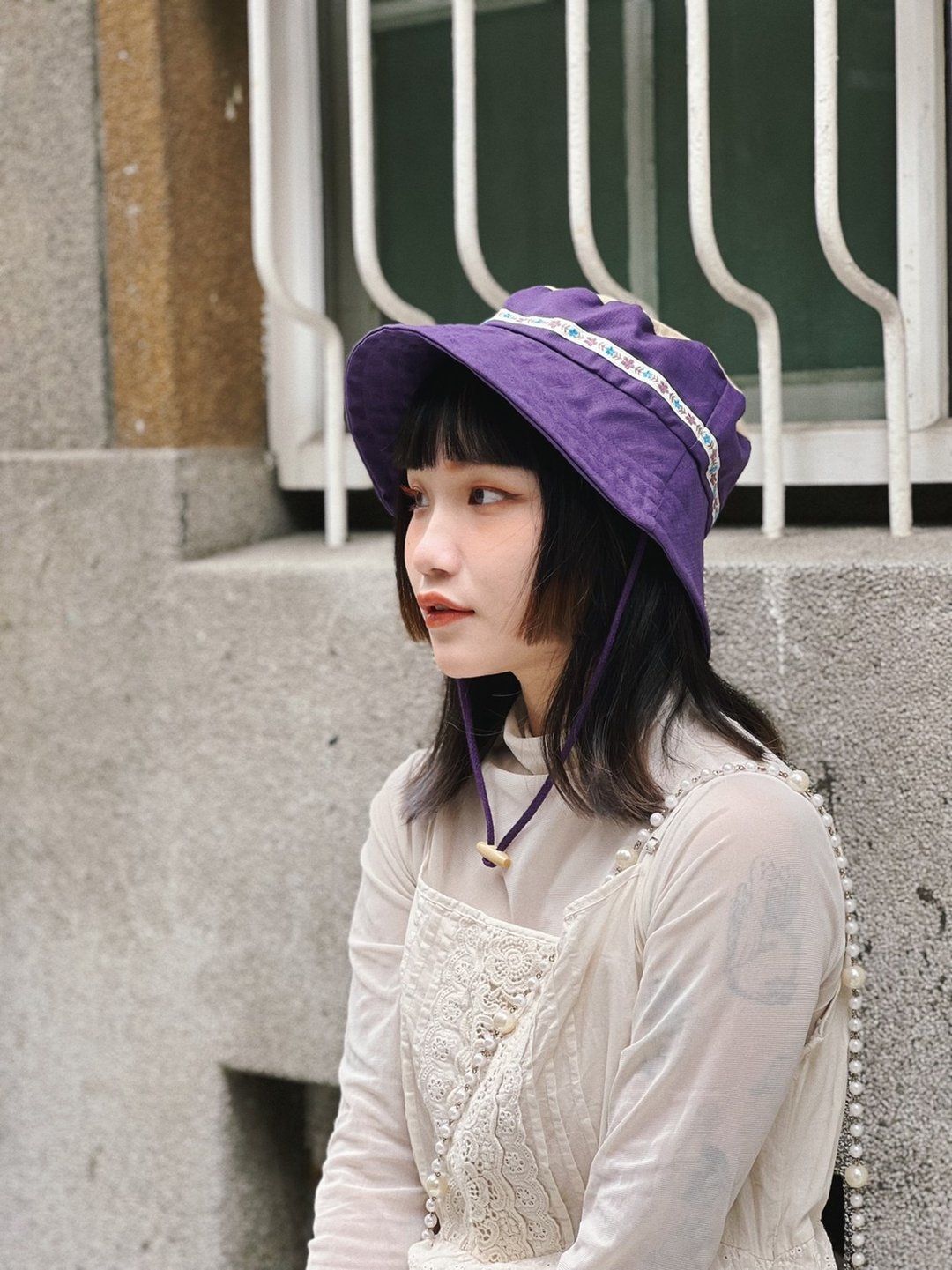 花花织纹拼接渔夫帽 紫色 - 帽子 - 棉 